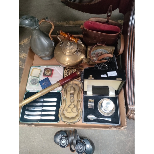 446N - Box of interesting items to include christening set,amber handled kettle, Ross london binoculars etc