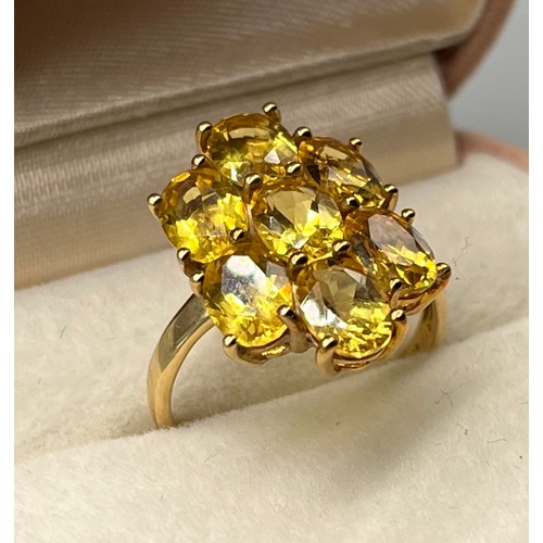 49 - 10ct yellow gold ladies ring set with 7 large yellow Tourmaline stones. [3.85grams] [Ring size P]