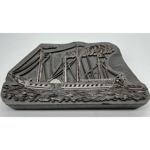 62 - Antique/ vintage wood and copper printing block of a steam ship. [17cm in length]