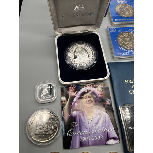 63 - A Collection of various coins to include Royal Australian Mint silver queen mother coin, Silver Kook... 