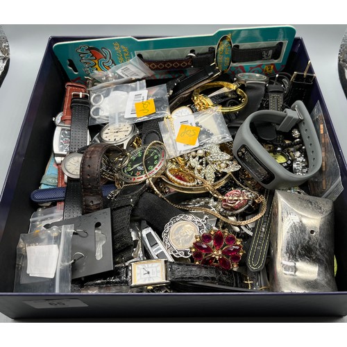 65 - A Box of jewellery and watches also includes a replica Tag Heuer SLS gent's watch and box.