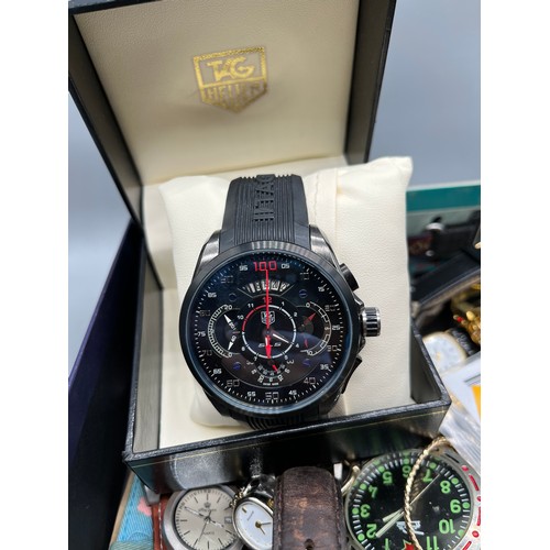 65 - A Box of jewellery and watches also includes a replica Tag Heuer SLS gent's watch and box.