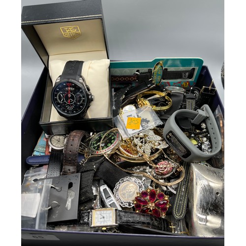 65 - A Box of jewellery and watches also includes a replica Tag Heuer SLS gent's watch and box.