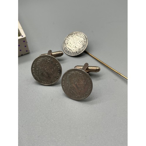 54 - Three various silver bangles, A Pair of 1817 George III Silver coin cuff links and 1816 George III C... 