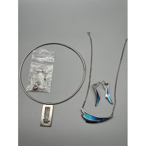 539 - Silver and enamel pendant with attached necklace and matching earrings. Together with a Birmingham s... 