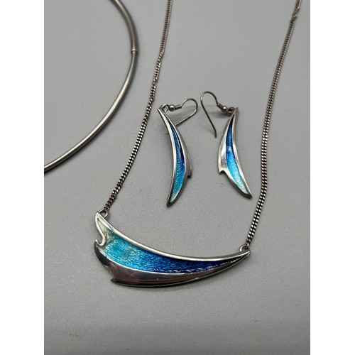 539 - Silver and enamel pendant with attached necklace and matching earrings. Together with a Birmingham s... 