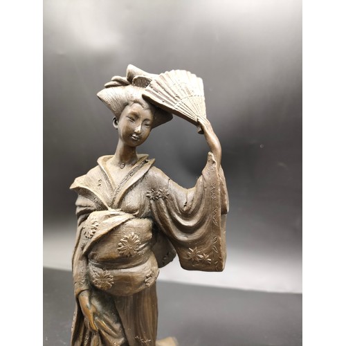 106 - Oriental  bronze Geisha girl figure signed Kamiko on marble plinth. [Height 26cm]