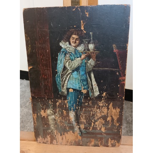 109 - 18th/19th Century painting on a wooden panel depicting a gentleman carrying a tray.
[28x19cm]