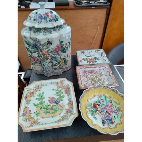 108 - Selection of Oriental porcelain includes large temple jar with bird scenes