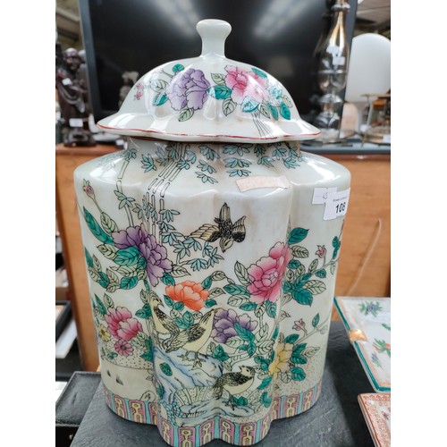 108 - Selection of Oriental porcelain includes large temple jar with bird scenes