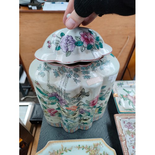 108 - Selection of Oriental porcelain includes large temple jar with bird scenes