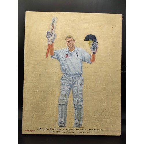 116 - Oil painting on canvas 'Andrew Flintoff reaching his first test century against Australia August 200... 