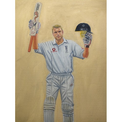 116 - Oil painting on canvas 'Andrew Flintoff reaching his first test century against Australia August 200... 