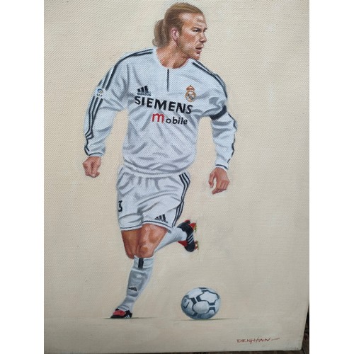 118 - Two Oil Paintings Real Madrid Football Club ' Michael Owen' & 'David Beckham' Signed Deighan