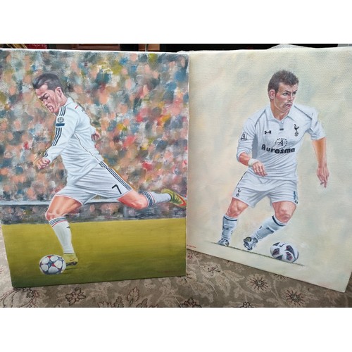 119 - Two Oil Paintings Tottenham & Real Madrid Football Club ' Gareth Bale' & possibly 'Louis Figo' Signe... 