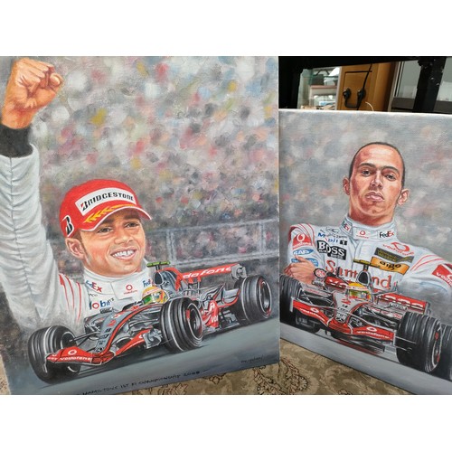 121 - Two Oil Paintings of Lewis Hamilton. One titled 'Lewis Hamilton First F1 Championship' Signed Deigha... 