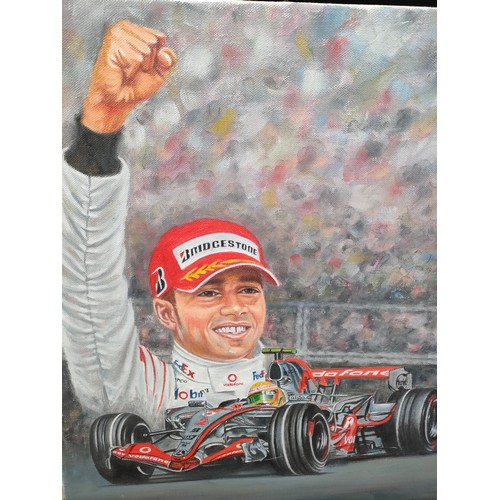 121 - Two Oil Paintings of Lewis Hamilton. One titled 'Lewis Hamilton First F1 Championship' Signed Deigha... 