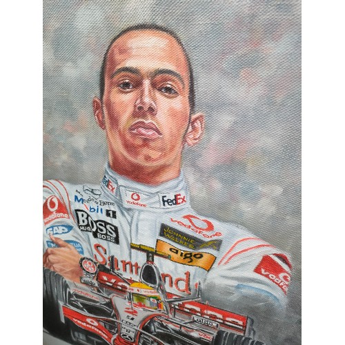 121 - Two Oil Paintings of Lewis Hamilton. One titled 'Lewis Hamilton First F1 Championship' Signed Deigha... 