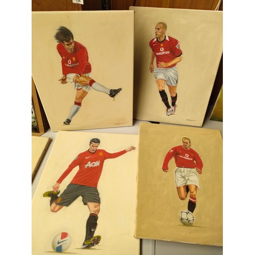 134 - Four Manchester United FC oil paintings to include Rio Fredinand, David Beckham, Ruud Van Nistelrooy... 