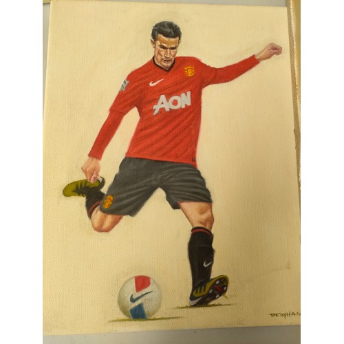 134 - Four Manchester United FC oil paintings to include Rio Fredinand, David Beckham, Ruud Van Nistelrooy... 