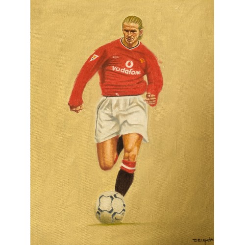 134 - Four Manchester United FC oil paintings to include Rio Fredinand, David Beckham, Ruud Van Nistelrooy... 