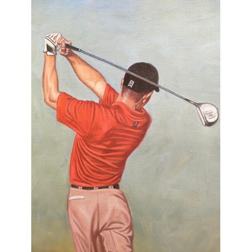 136 - Large Oil Painting of Tiger Woods Signed Deighan