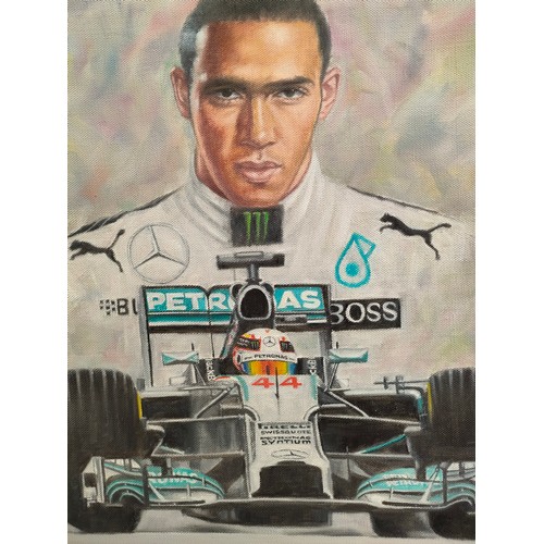 137 - Large Framed Formula 1 Oil Painting of Lewis Hamilton Signed Deighan