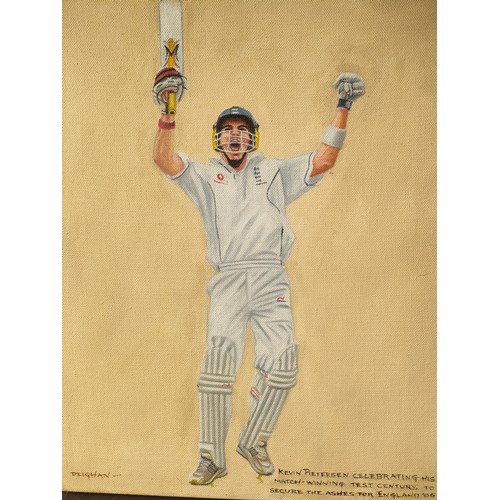 139 - Oil painting on canvas of England cricketer Kevin Pieterson celebrating his match winning test centu... 