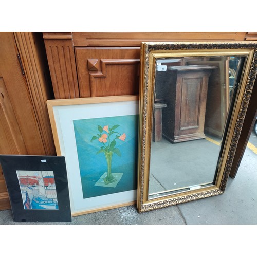 142 - Gilt framed mirror, Watercolour depicting harbour boat scene and limited edition coloured lithograph... 