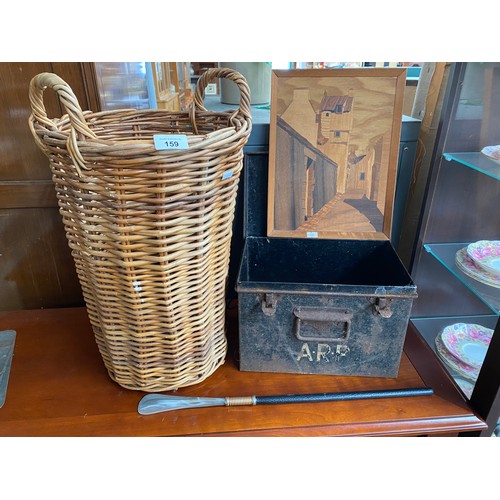 159 - Military style metal box, Marquetry study- Culross, wicker basket and shoe horn.