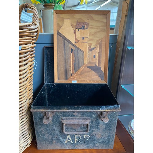 159 - Military style metal box, Marquetry study- Culross, wicker basket and shoe horn.