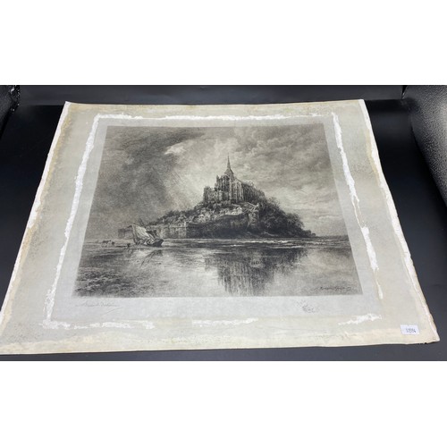 161 - Antique unframed engraving depicting Mont St Michel- signed Munet Debaines.