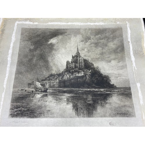 161 - Antique unframed engraving depicting Mont St Michel- signed Munet Debaines.