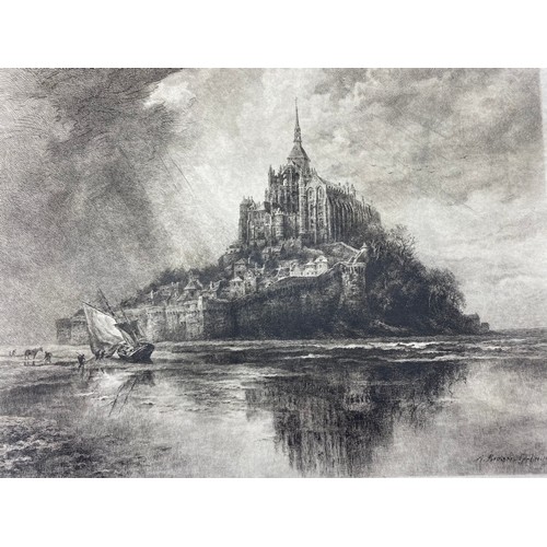 161 - Antique unframed engraving depicting Mont St Michel- signed Munet Debaines.