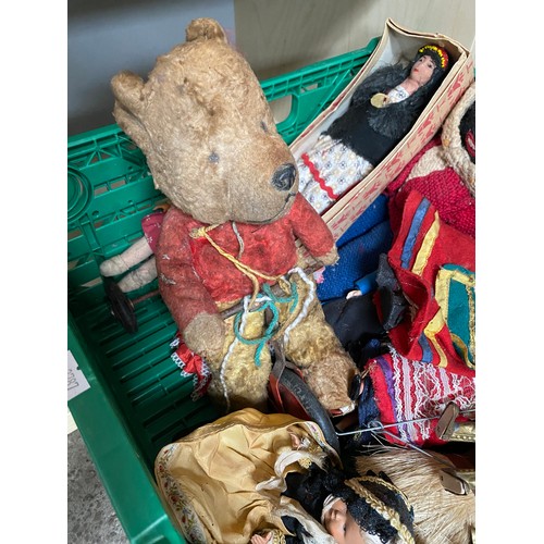 164 - A Box of antique and vintage mixed world dolls, puppets and teddies. Includes Robinsons teddy, Two g... 