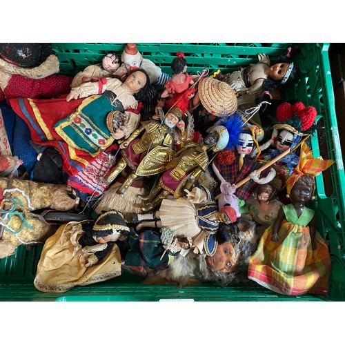 164 - A Box of antique and vintage mixed world dolls, puppets and teddies. Includes Robinsons teddy, Two g... 