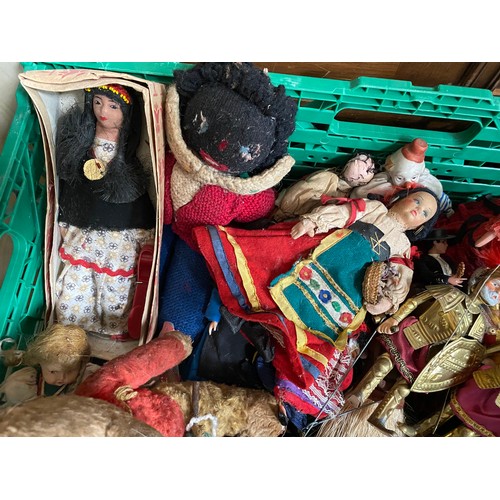 164 - A Box of antique and vintage mixed world dolls, puppets and teddies. Includes Robinsons teddy, Two g... 