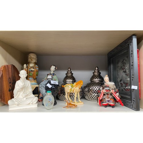 168 - A Shelf of oriental wares to include perfume/ snuff bottle, Chinese Emperor doll, Geisha porcelain f... 