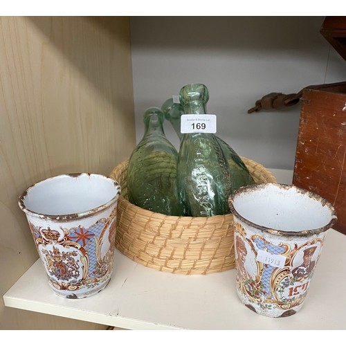 169 - Three antique cod bottles and two enamel Royalty cups.