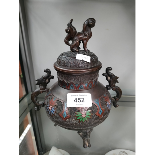 187 - A Chinese Bronze cloisonné censor pot with cover. Foo dog figure sat to the top of the lid. Supporte... 