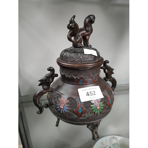 187 - A Chinese Bronze cloisonné censor pot with cover. Foo dog figure sat to the top of the lid. Supporte... 