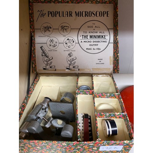 172A - Vintage The popular Microscope with original box, J. Rabone Birmingham spirit level and measure tape... 