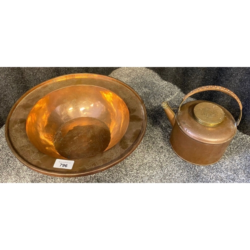 195 - Antique copper Chinese bowl detailed with white metal inlays together with a Chinese style tea pot w... 