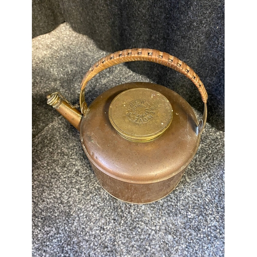 195 - Antique copper Chinese bowl detailed with white metal inlays together with a Chinese style tea pot w... 