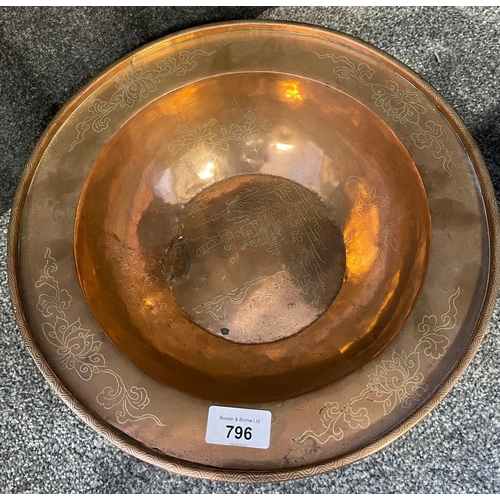 195 - Antique copper Chinese bowl detailed with white metal inlays together with a Chinese style tea pot w... 