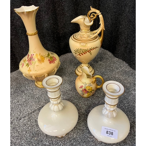 196 - A selection of Royal Worcester to include ornate ewer jug, candle sticks and vase as found in areas