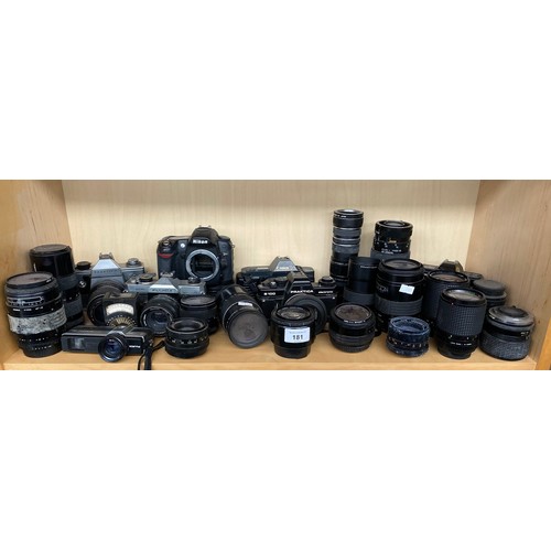 181 - A Shelf of cameras and lenses to include Nikon D80, Canon T70, Praktica B100 camera bodies.