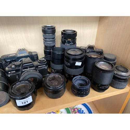 181 - A Shelf of cameras and lenses to include Nikon D80, Canon T70, Praktica B100 camera bodies.