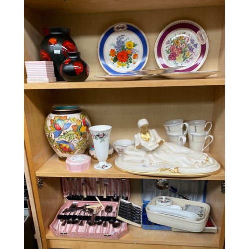 182 - Three shelves of collectable odds to include Two Poole pottery bulbous vases, 5 Royal Doulton Floral... 