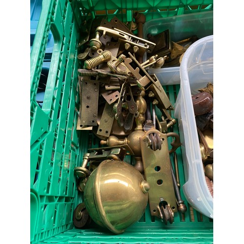 212 - A Crate of antique fixtures and fittings. to include sash window brass locks, key hole facers, brack... 